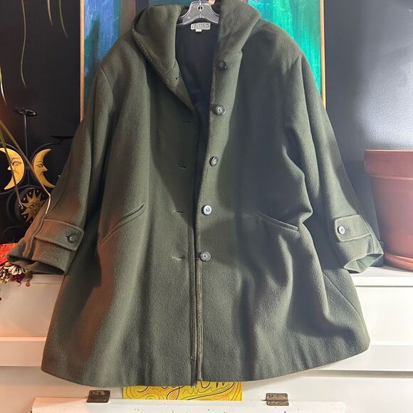 Vintage Y2K 2000s Jacob Olive Hooded Wool Trench Coat L - Picture 6 of 14